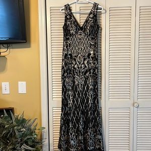 Elegant Long black Evening gown with pewter color sequins.